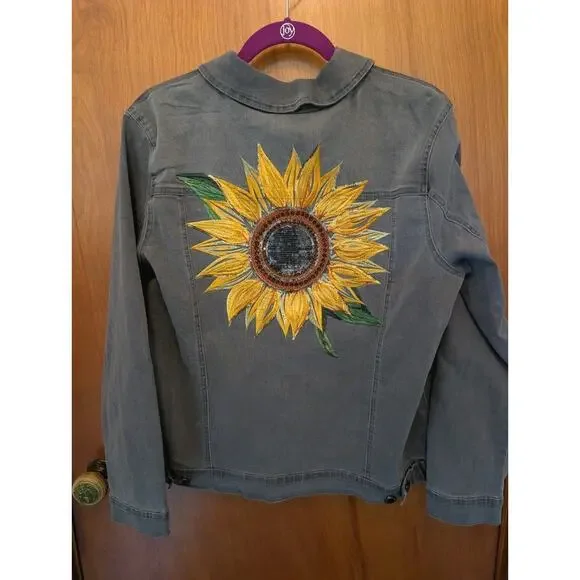Diane Gilman DG2 Women's LS Gray Stretch Jacket Sunflower Embroidery Size Large - Picture 1 of 9
